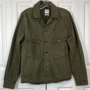Zara Unisex Relaxed Fit Olive Green Frayed Hem 100% Cottage Jacket‎ Size M